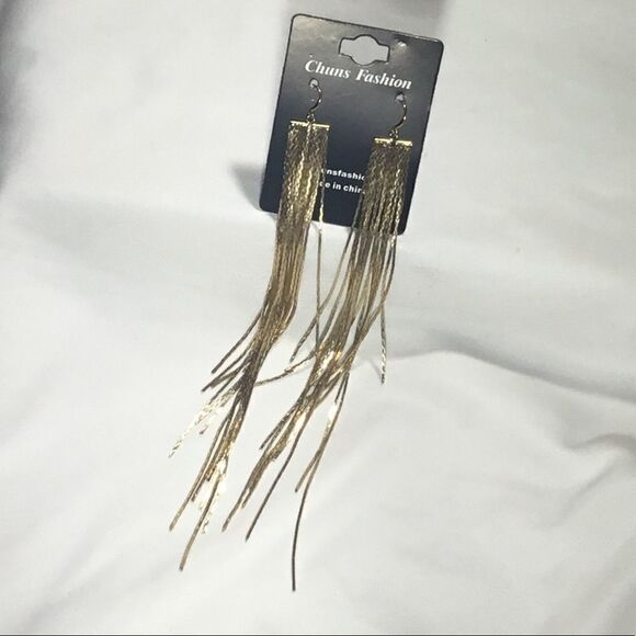 Gold Tone Tassel Dangle Earrings (UC3) - Picture 2 of 5